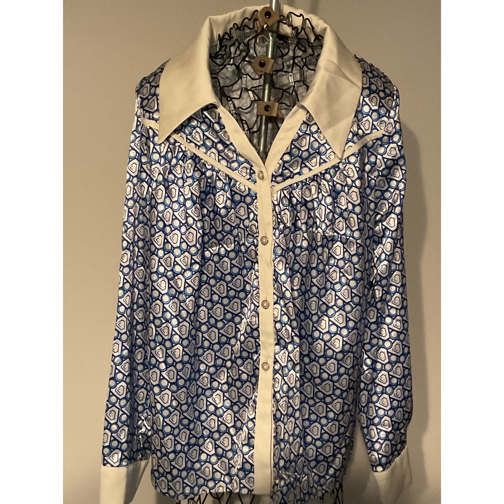 Sollinarry Womens Blue Geometric Satin Blouse Pearl Button Long Sleeve Top Large